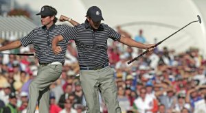 Webb Simpson (center) celebrates with Bubba Watson during the 2012 Ryder Cup. Photo Credit: AP